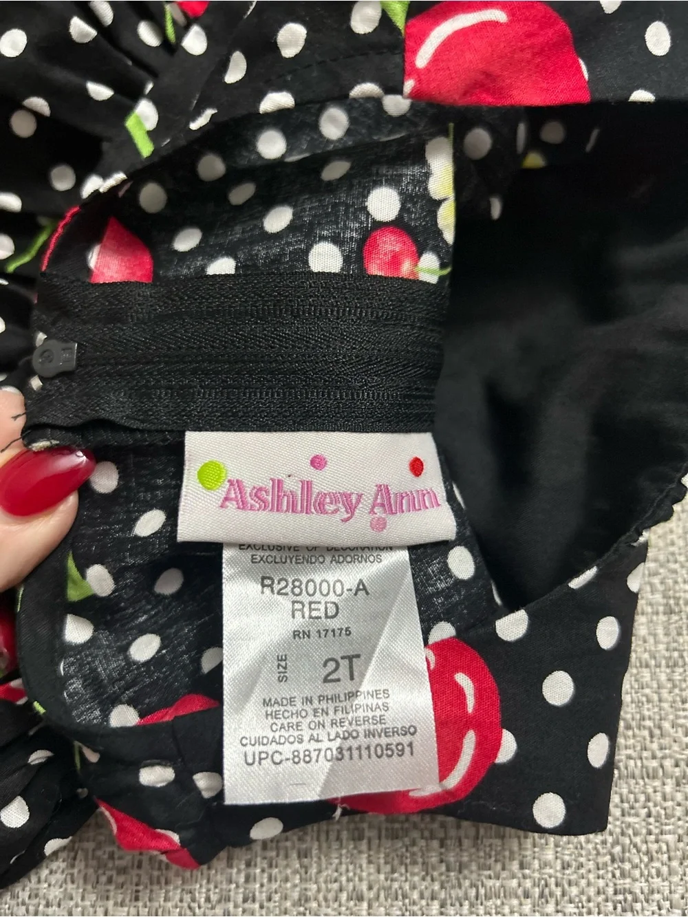 Ashley Ann Black Polka Dot Dress Red Cherry Print and Yellow Flower. SZ 2T NWT